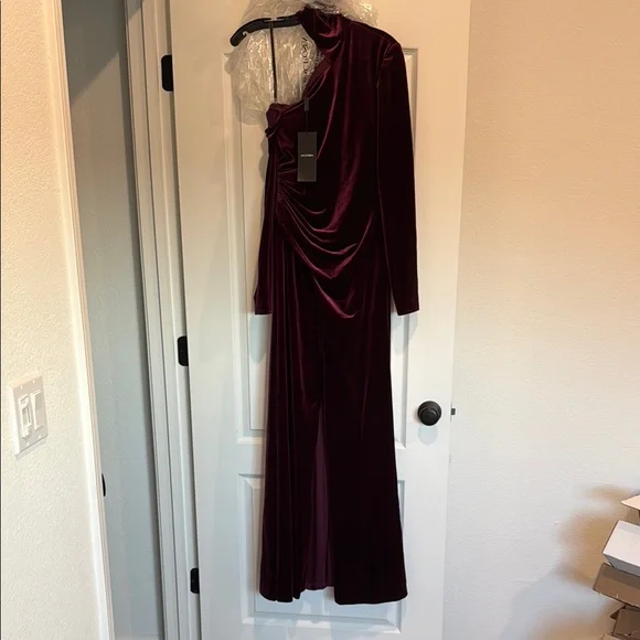 Zac PosenAsymmetric Long-Sleeve Mock-Neck Velvet Dress